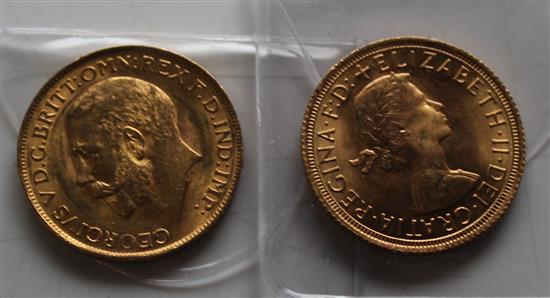 Two gold sovereigns, 1927 and 1966